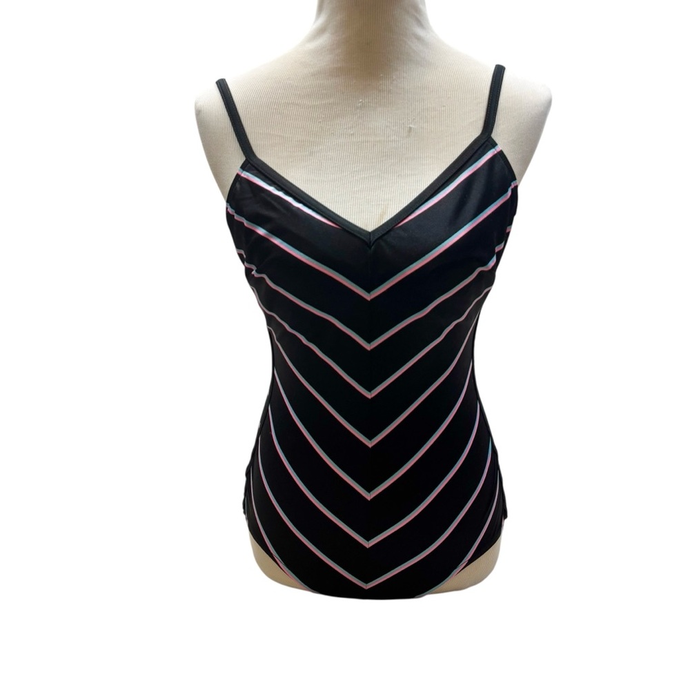 Vintage 1980’s Robby Len Brand Black Chevron Print One Piece Swim‎ Suit Size 14